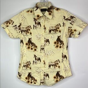 Bits & Bridle Horse Yellow Button Up Short Sleeve Shirt Size Small